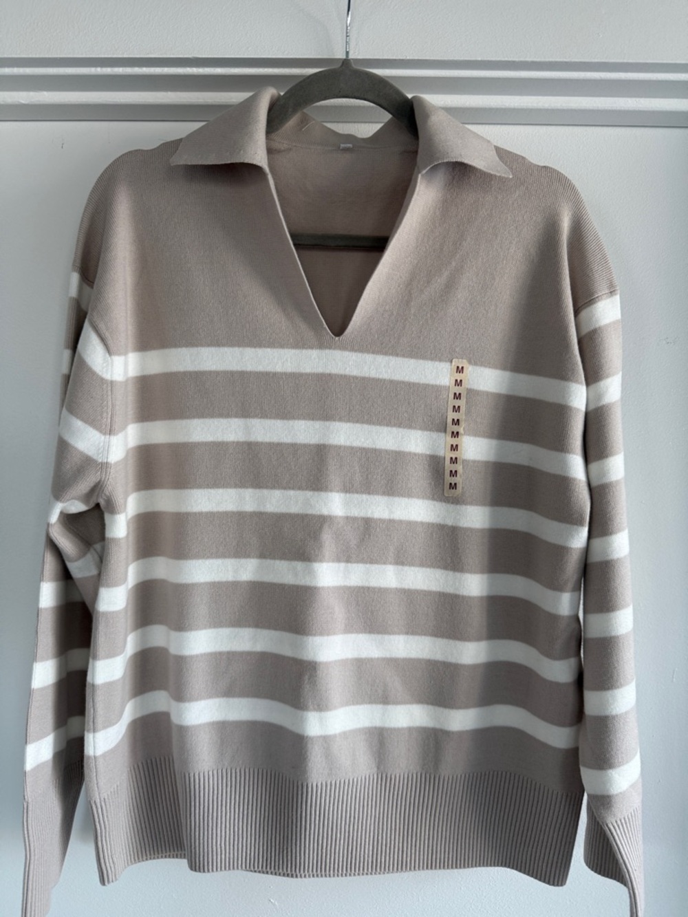 Muji Taupe and White Striped V‑Neck Sweater
